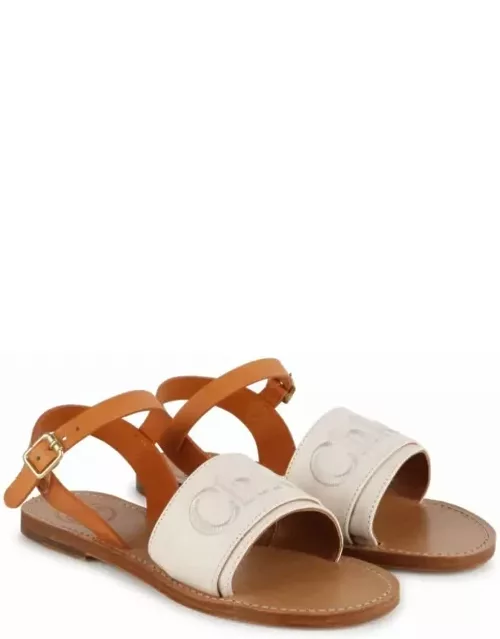 Chloé Cream And Brown Leather Sandals With Embroidered Logo