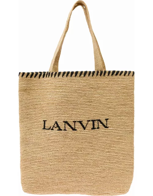 Lanvin Beige Tote Bag With Embroidered Logo In Rafia Woman