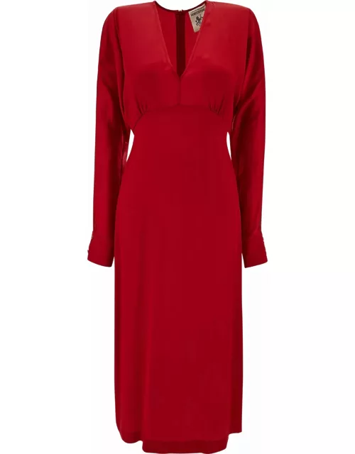 SEMICOUTURE Midi Red V Neck Dress With Long Sleeve In Acetate And Silk Blend Woman