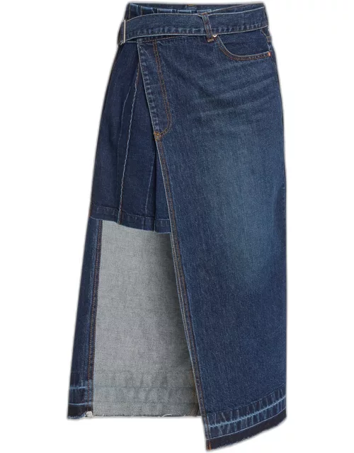 Pleated Denim Skirt with Belted Overlay
