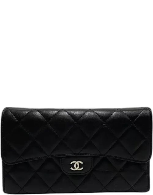Chanle Black Leather Quilted Lamskin Long L FLap Wallet
