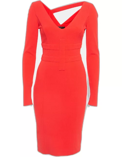 Versace Red Crinkle Wool Blend V-Neck Sheath Dress