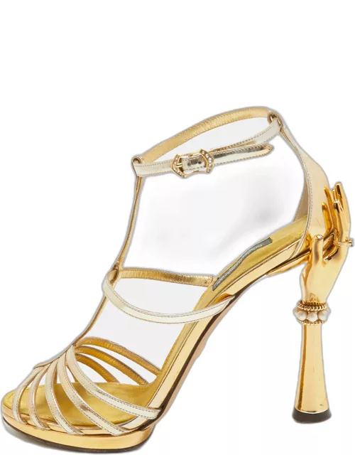 Dolce & Gabbana Gold Leather With Sculpted Ankle Strap Sandal