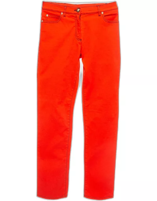 Versace Orange Contrast Stitch Cotton Metallic Logo Detail Trousers