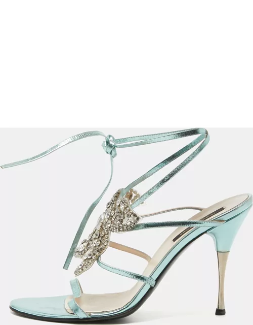 Sergio Rossi Metallic Green Leather and PVC Crystal Embellished Ankle Wrap Sandal