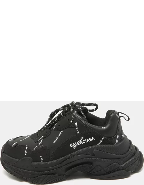 Balenciaga Black Faux Leather Allover Logo Triple S Sneaker