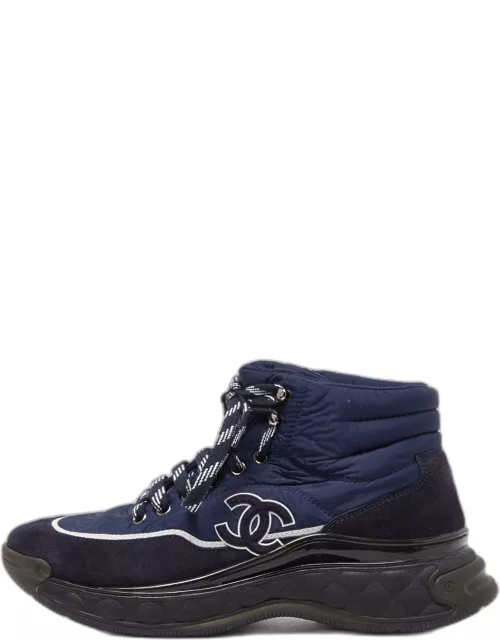 Chanel Navy Blue Nylon and Suede High Top Lace Up Sneaker