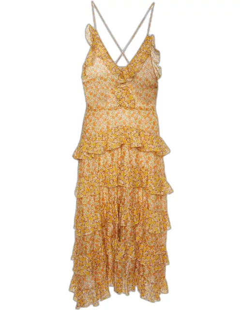 Maje Yellow Floral Print Cotton Ruffled Midi Dress