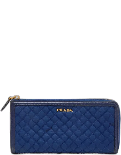 Prada Navy Blue Quilted Nylon and Leather Logo Zip Around Wallet