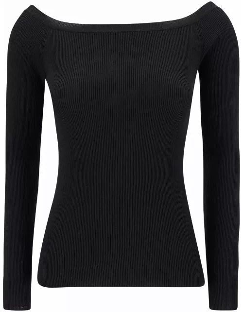 Parosh Black Ribbed Top With Boat Neckline In Cotton Blend Woman