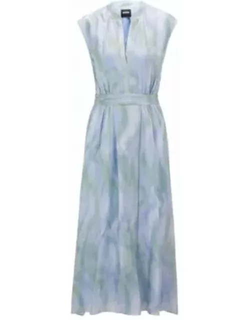 Short-sleeved dress in silk with stripe print- Patterned Women's Business Dresse