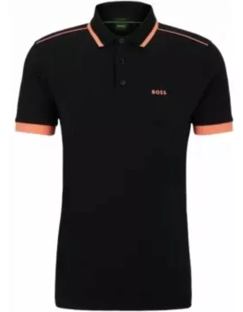 Cotton-piqu polo shirt with contrast stripes and logo- Black Men's Polo Shirt