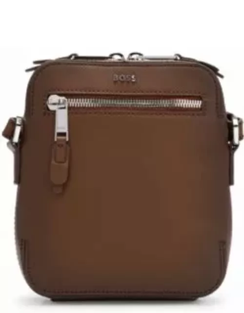 Leather reporter bag with metallic logo lettering- Brown Men's Reporter bag