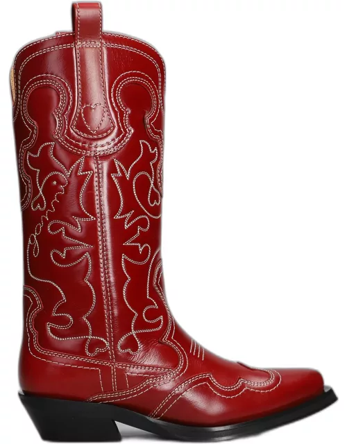 Ganni Texan Boots In Red Leather