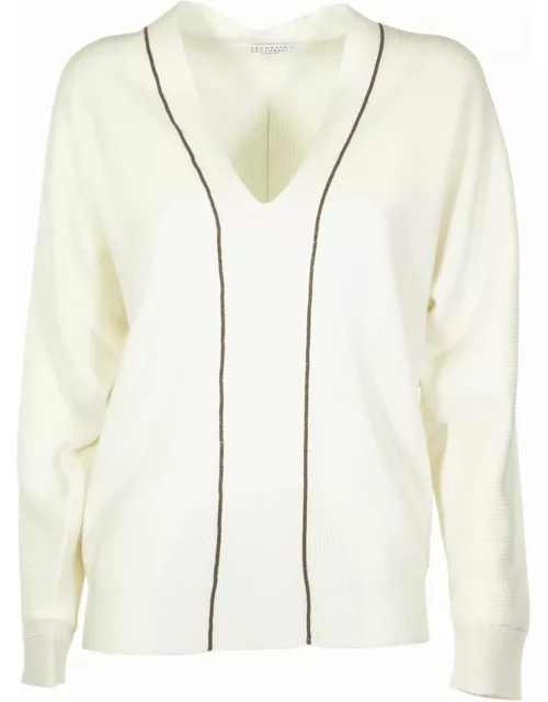 Brunello Cucinelli White V-neck Sweater Cashmere Sweater With Monili