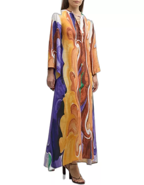 Rainbow Flames Printed Lace-Up Linen Maxi Dres