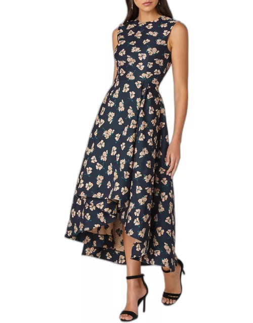 Pleated High-Low Floral Jacquard Midi Dres