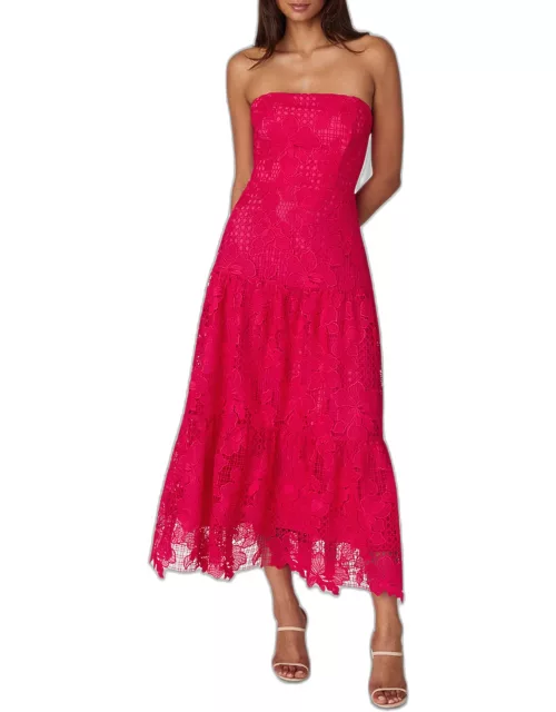 Strapless Tiered Floral Lace Midi Dres