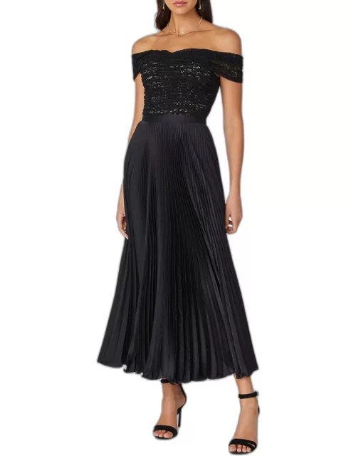 Pleated Off-Shoulder Corded Lace Midi Dres