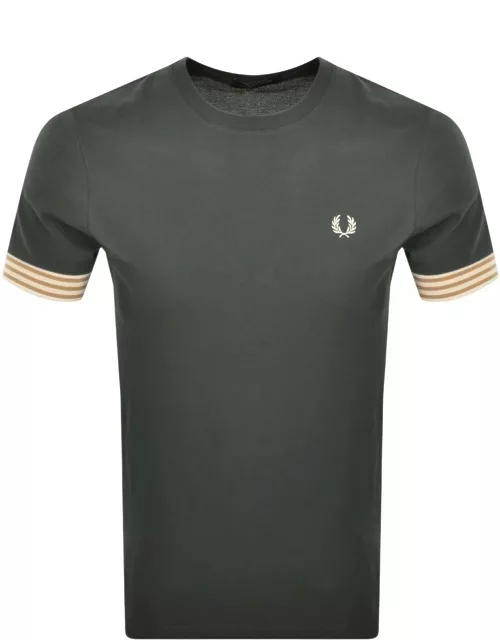 Fred Perry Striped Cuff T Shirt Green