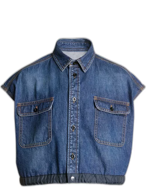 Collared Button-Front Denim Shirt with Elastic He