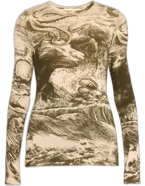 Oceanscape Printed Jersey Long-Sleeve Top