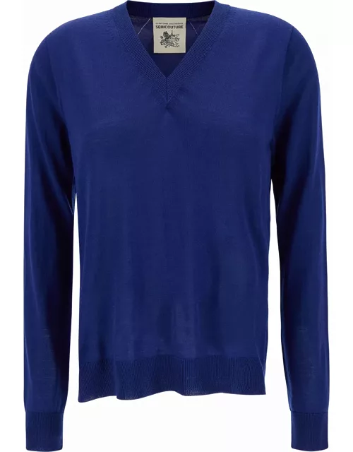 SEMICOUTURE nikita Blue Pullover With V Neckline And Ribbed Trim In Wool Woman
