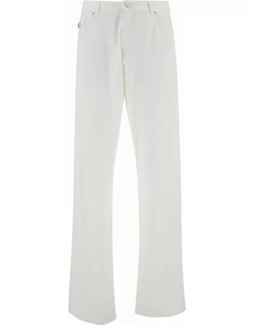 Versace White Five-pocket Jeans With Logo Patch In Cotton Denim Man
