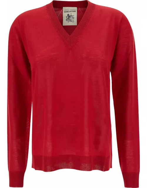 SEMICOUTURE nikita Red Pullover With V Neckline And Ribbed Trim In Wool Woman