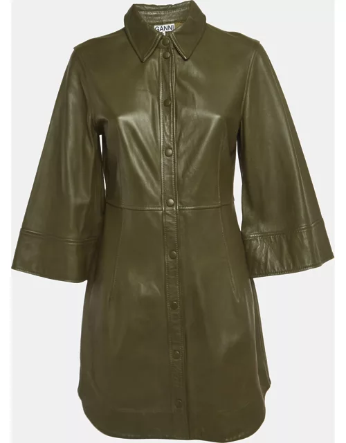 Ganni Military Green Leather Buttoned Mini Dress