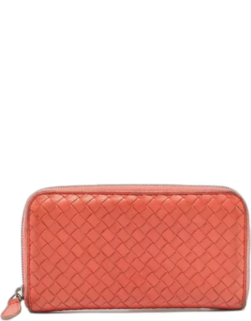 Bottega Veneta Coral Red Intrecciato Leather Zip Around Wallet