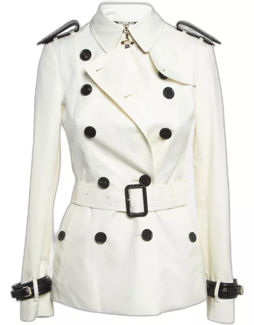 Burberry White Leather Trim Gabardine Belted Short Trench Coat