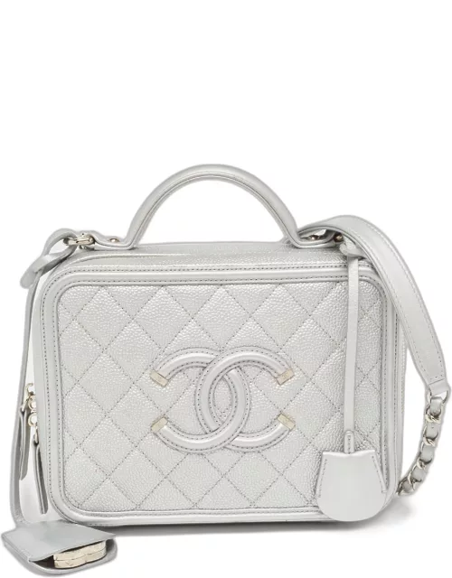 Chanel Silver Quilted Caviar Leather Medium CC Filigree Vanity Case Bag