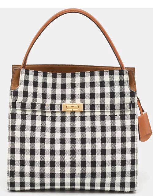 Tory Burch Black/White Checkered Canvas Lee Radziwill Top Handle Bag
