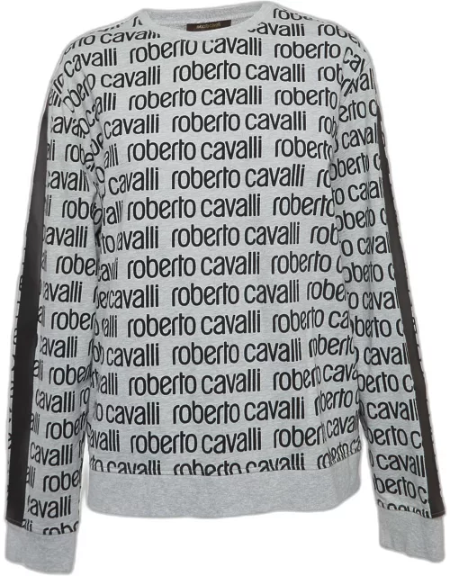 Roberto Cavalli Grey Logo Print Cotton Crew Neck Sweatshirt