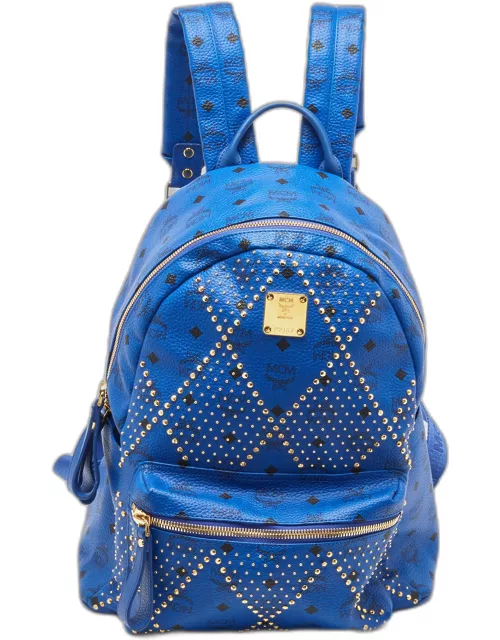 MCM Blue Visetos Leather Large Studded Stark Backpack