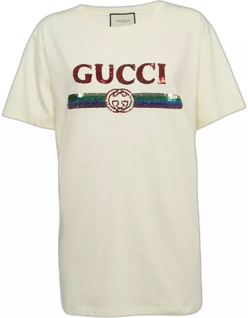 Gucci Cream Logo Sequined Cotton Crew Neck T-Shirt