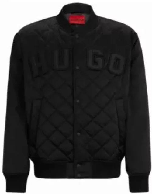 Water-repellent satin bomber jacket with varsity-style logo- Black Men's Casual Jacket
