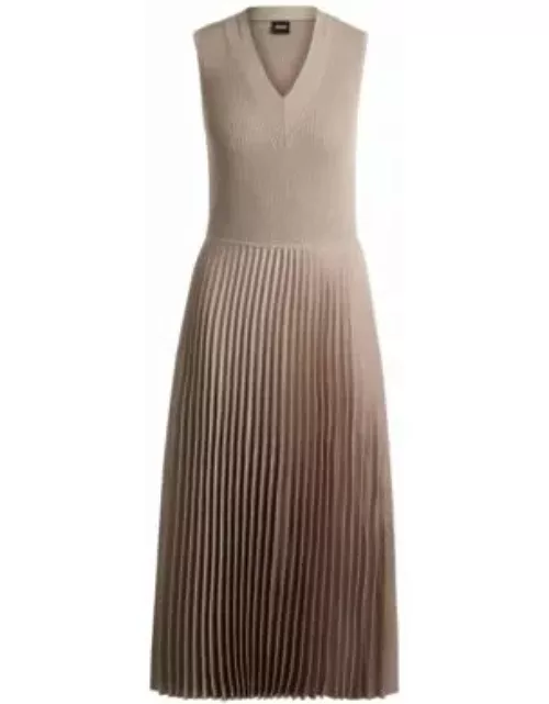 Mixed-material dress with pliss skirt- Light Beige Women's Knitted Dresse