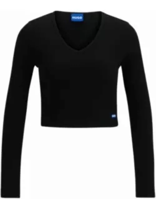 Stretch-cotton top with blue logo label- Black Women's Casual Top