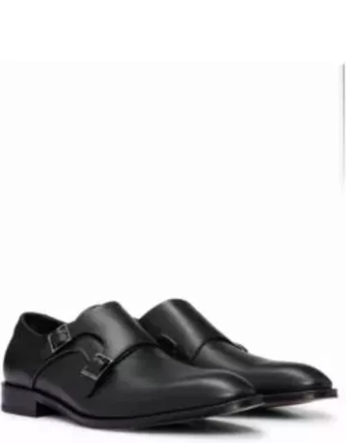 Double-monk shoes in smooth leather with metal buckles- Black Men's Business Shoe