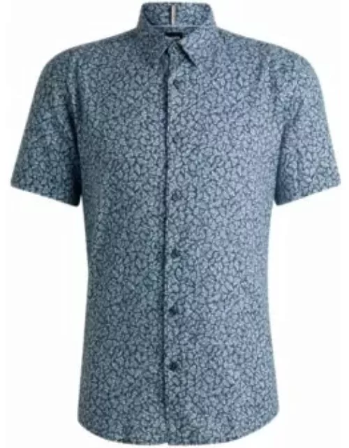 Slim-fit shirt in printed stretch-linen chambray- Light Blue Men's Casual Shirt