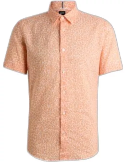 Slim-fit shirt in printed stretch-linen chambray- Orange Men's Casual Shirt