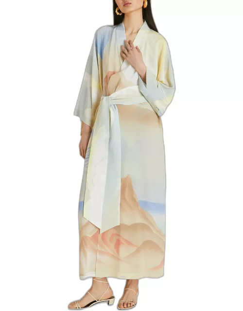 Queenie Landscape-Print Silk Kimono Robe