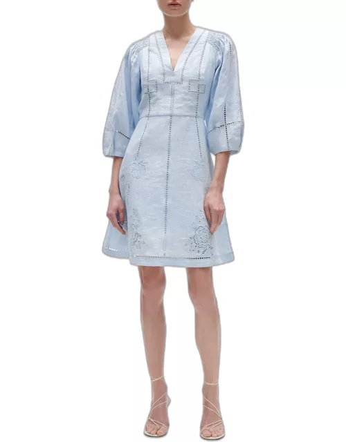 Verna Lattice Embroidered 3/4-Sleeve Linen Mini Dres