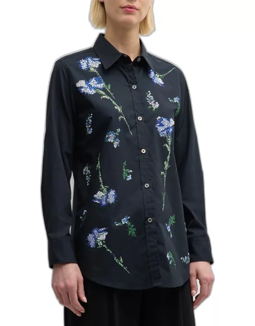 Cecil Beaton Button-Front Shirt with Blue Carnation Crystal Detai