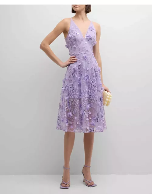 Audrey Sequin Floral-Embroidered Midi Dres
