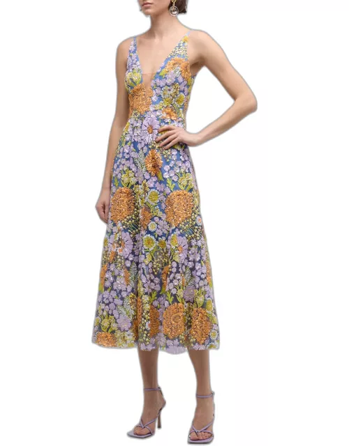 Leslie Deep V-Neck Floral Sequin Midi Dres