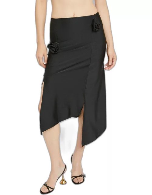 Flower-Applique Slit Asymmetric Midi Skirt