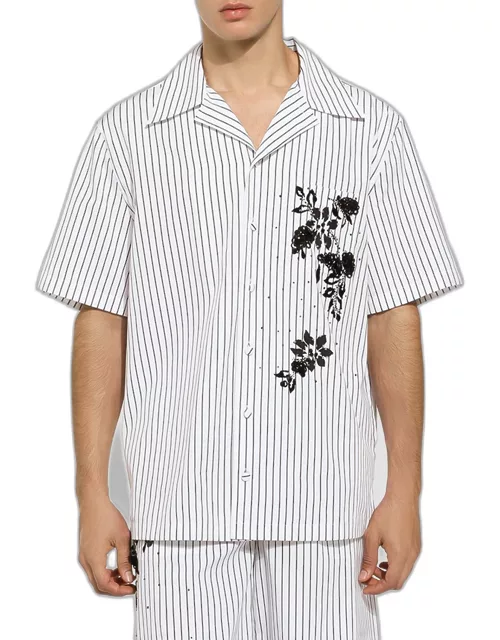Men's Striped Floral Embroidery Camp Shirt